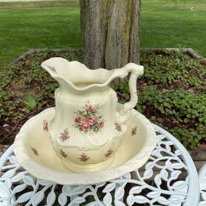Floral Red and Cream Pitcher and Basin